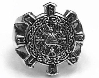 Valknut Sterling Silver Ring, Vegvísir Ring