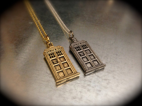 UK Police Phone Booth Silver and Gold Tone Charmed Interpreted Necklace