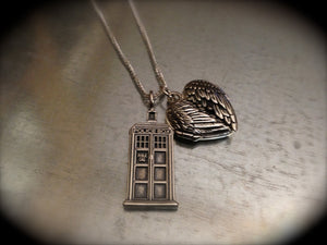 UK Police Phone Booth Solid Sterling Silver and Sterling Winged Locket Heart Necklace