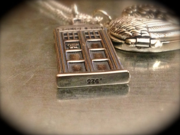 UK Police Phone Booth Solid Sterling Silver and Sterling Winged Locket Heart Necklace