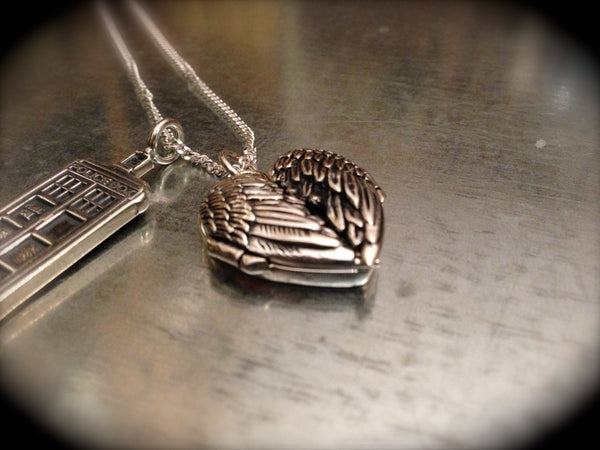 UK Police Phone Booth Solid Sterling Silver and Sterling Winged Locket Heart Necklace