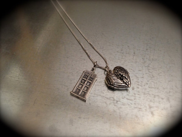 UK Police Phone Booth Solid Sterling Silver and Sterling Winged Locket Heart Necklace