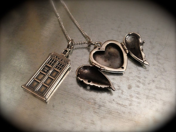 UK Police Phone Booth Solid Sterling Silver and Sterling Winged Locket Heart Necklace