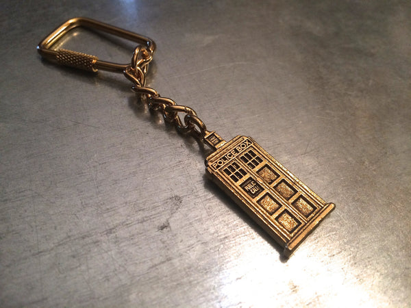 UK Police Phone Booth Gold Plate Charmed Keychain