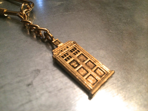 UK Police Phone Booth Gold Plate Charmed Keychain