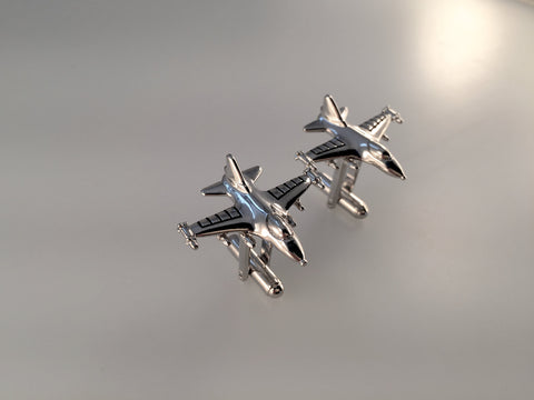 F-16 Fighting Falcon Cufflinks, Jet Fighter Cufflinks, Plane Cufflinks, Men's Cuff Links, Wedding Cuff Links, Father's Day, Silver Tone